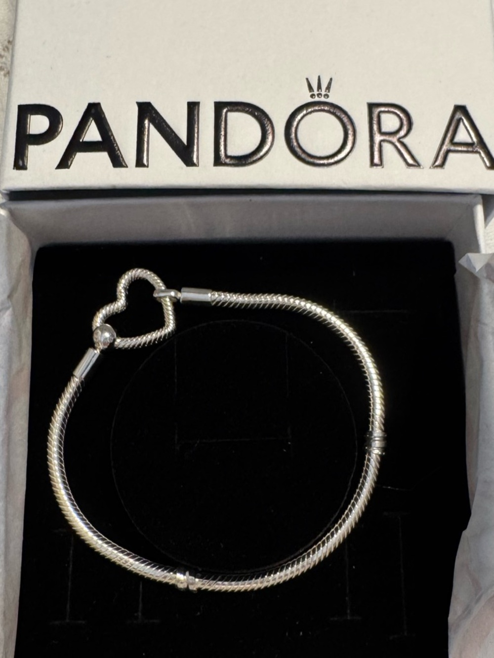 Pandora Silver Heart Clasp Snake Chain Bracelet-NIB